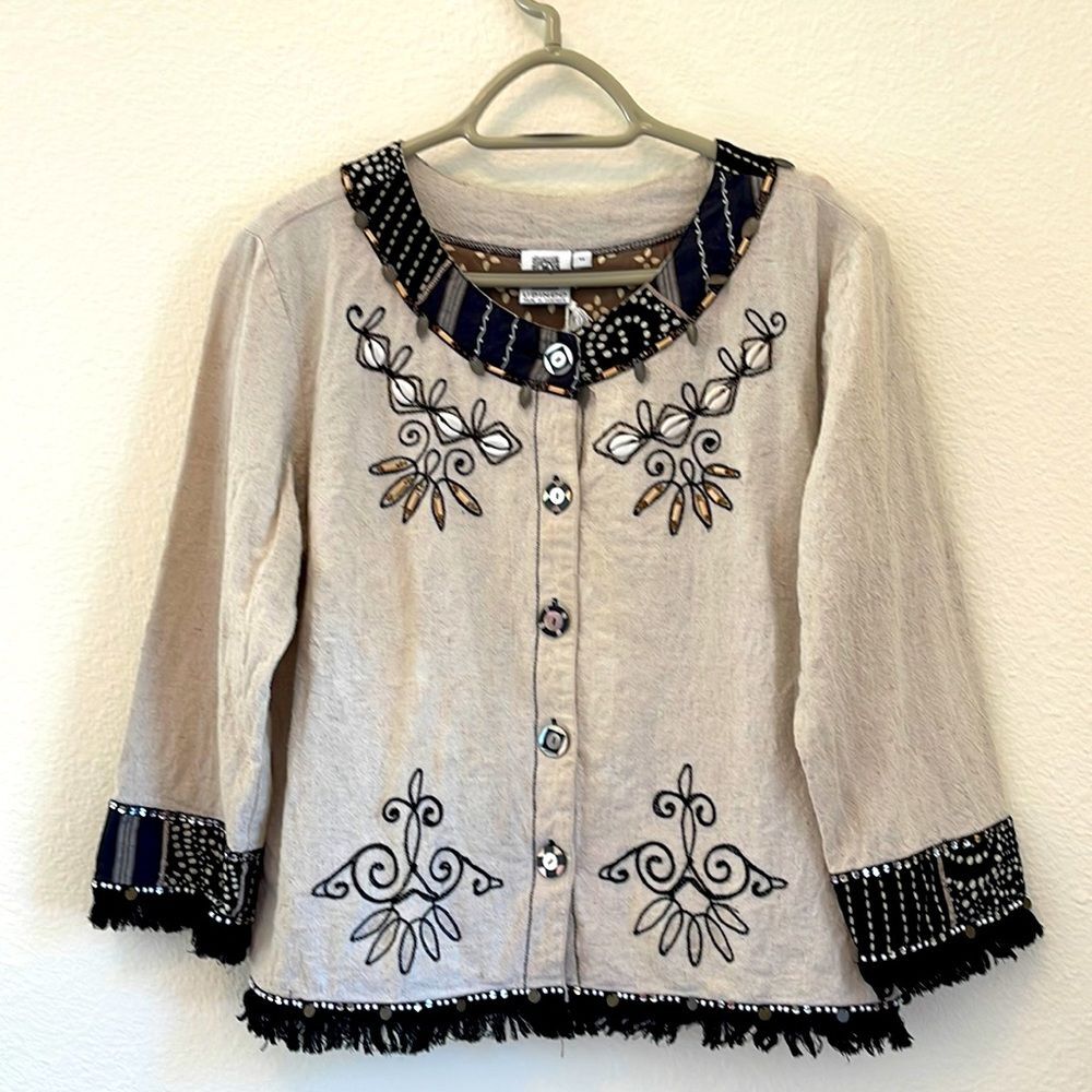 Usindo Linen Embroidered Jacket Boho Beaded Shell Wood Artisan Festival M